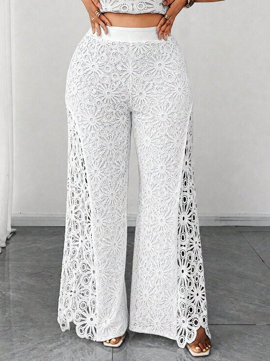 MODA ME COUTURE Pants - White Elegant Women's Plus Size Lace Hollow Patchwork Long Pants